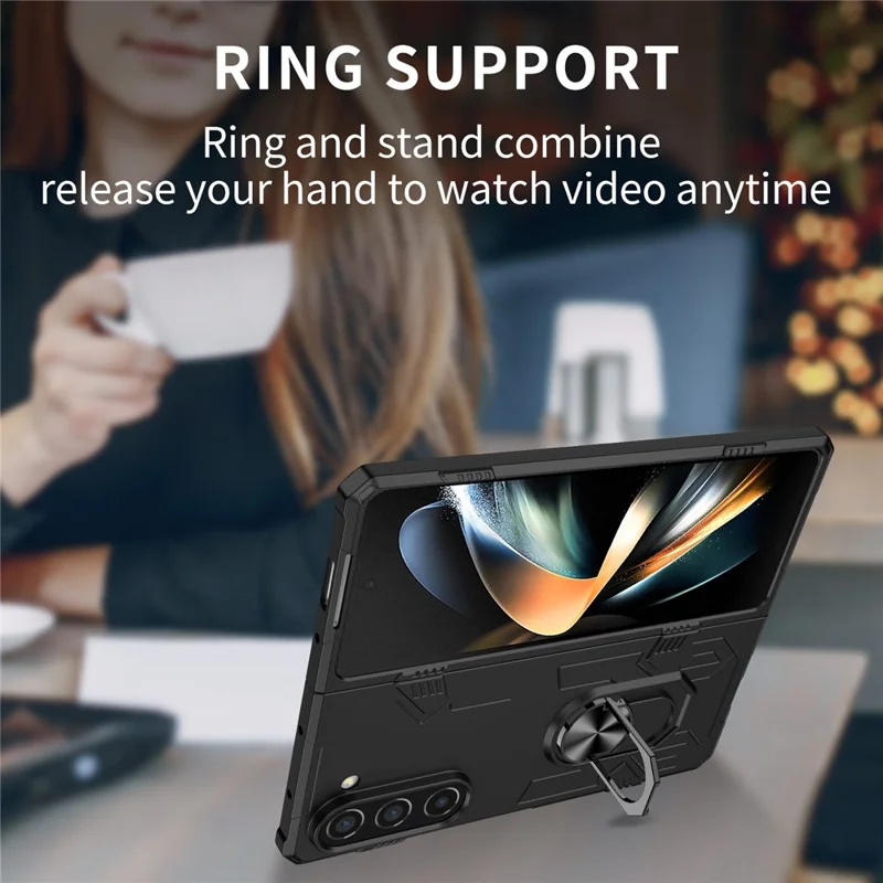 Pour Samsung Galaxy Z Fold5 5G Ring Kickstand Phone Case Hard PC Anti-drop Cover Support Magnetic Car Mount - Noir