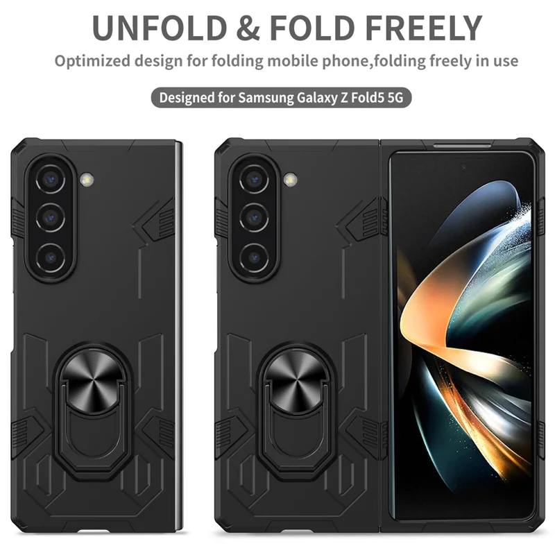 Pour Samsung Galaxy Z Fold5 5G Ring Kickstand Phone Case Hard PC Anti-drop Cover Support Magnetic Car Mount - Noir