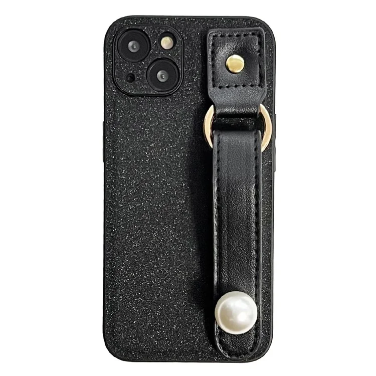 Funda para iPhone 14 a prueba de polvo, con decoración de perlas y correa de muñeca de piel de PU negra + funda de teléfono de TPU