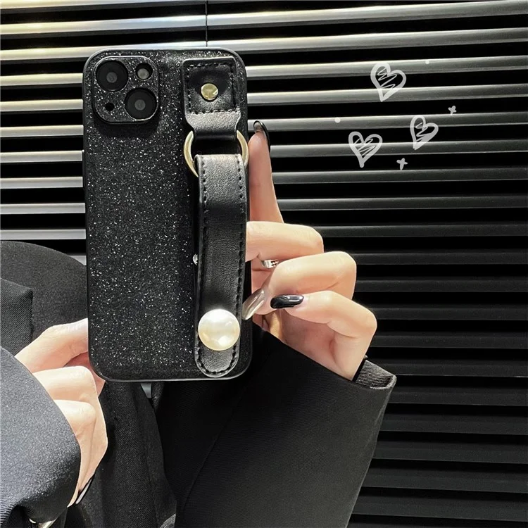 Funda de teléfono de cuero de poliuretano + TPU para iPhone 14 Plus, pulsera con adorno de perlas, protección contra caídas, carcasa negra para teléfono