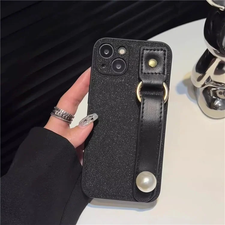 Funda de teléfono de cuero de poliuretano + TPU para iPhone 14 Plus, pulsera con adorno de perlas, protección contra caídas, carcasa negra para teléfono
