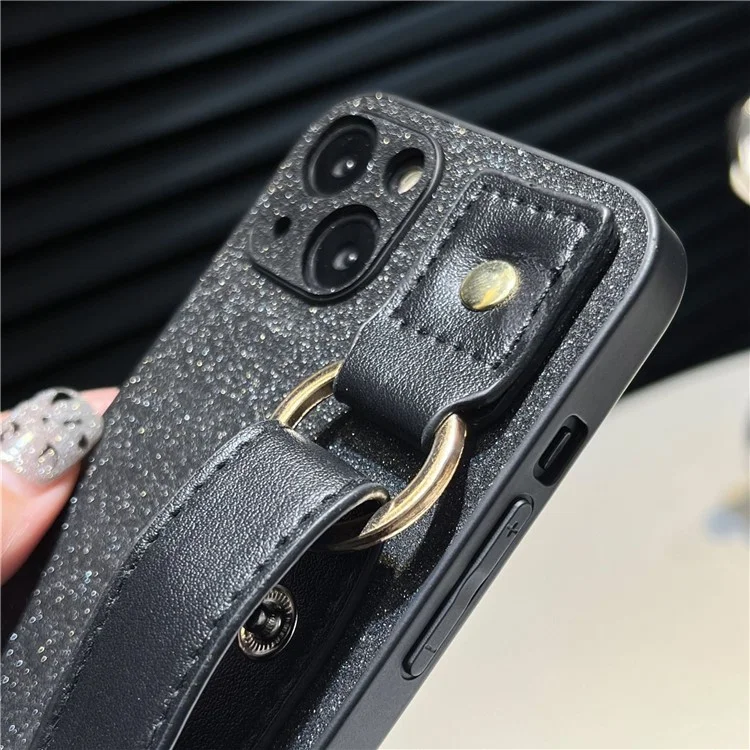 Funda de teléfono de cuero de poliuretano + TPU para iPhone 14 Plus, pulsera con adorno de perlas, protección contra caídas, carcasa negra para teléfono
