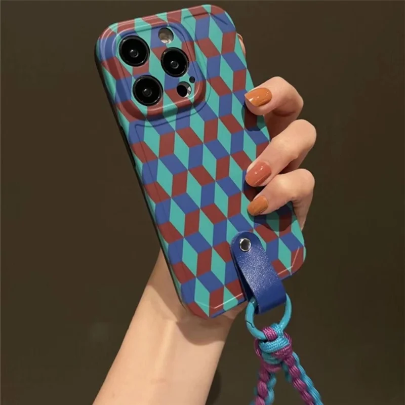 For iPhone 14 Pro Wrist Strap Design Phone Cover Case Splicing Rhombus Pattern Anti-Dust TPU Phone Shell