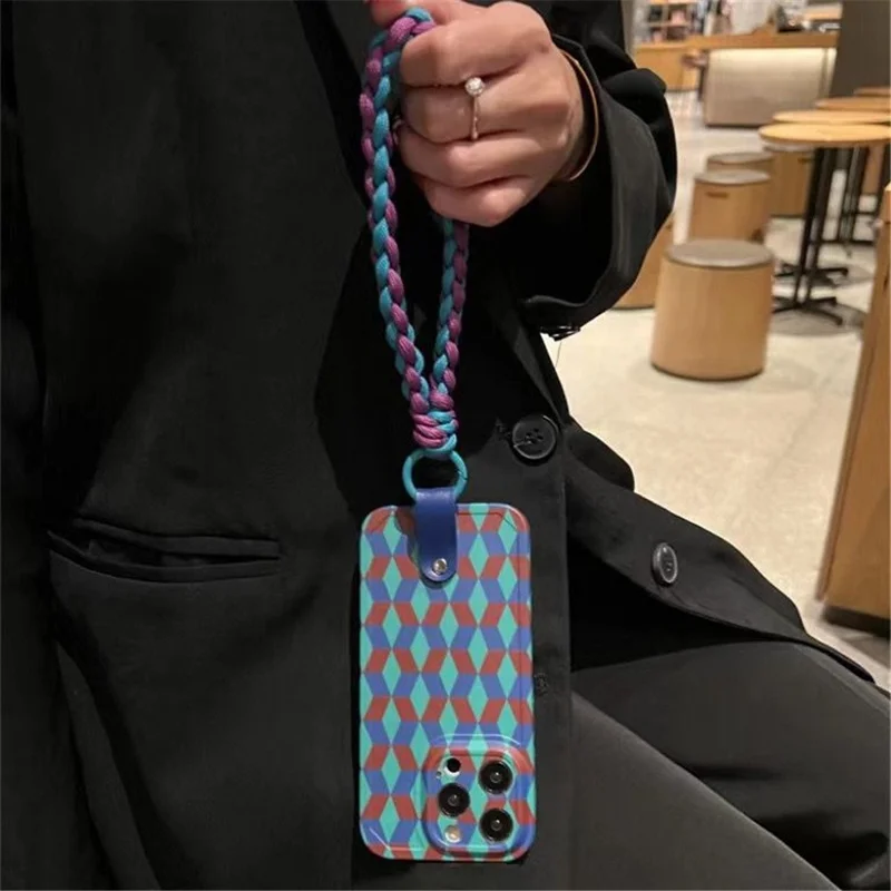 For iPhone 14 Pro Wrist Strap Design Phone Cover Case Splicing Rhombus Pattern Anti-Dust TPU Phone Shell