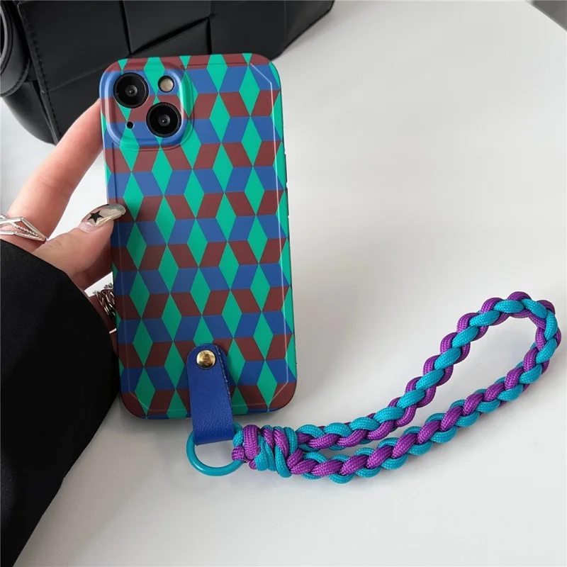 Dustproof Phone Cover for iPhone 14 Plus , Splicing Rhombus Pattern TPU Phone Case with Wrist Strap