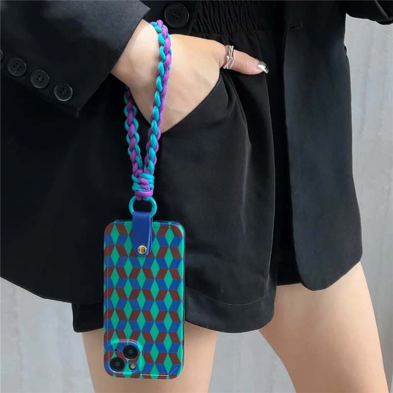 Dustproof Phone Cover for iPhone 14 Plus , Splicing Rhombus Pattern TPU Phone Case with Wrist Strap