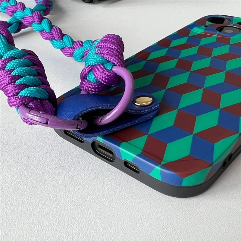 Dustproof Phone Cover for iPhone 14 Plus , Splicing Rhombus Pattern TPU Phone Case with Wrist Strap