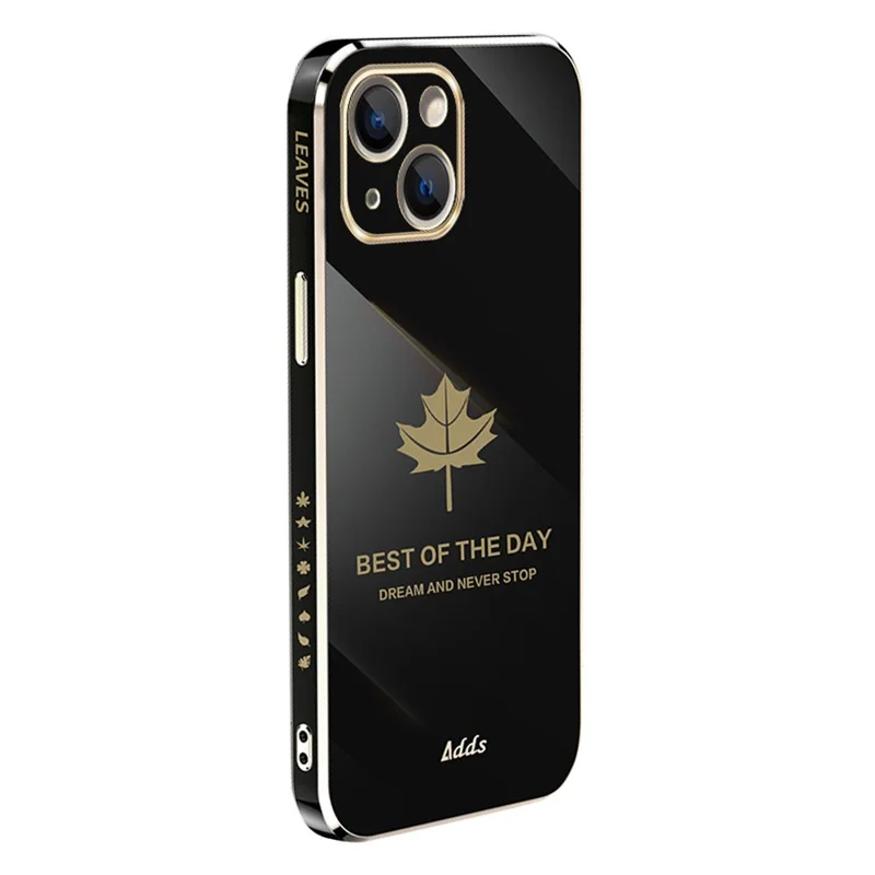6D Electroplating Cover for iPhone 14 Maple Leaf Pattern Straight Edge TPU Phone Cover - Black