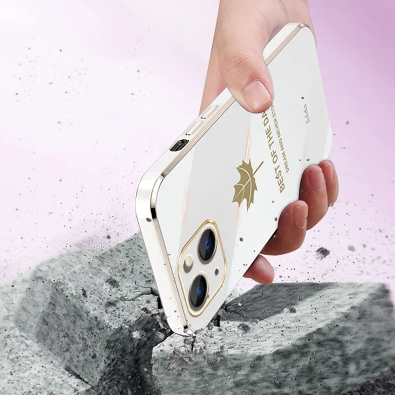 6D Electroplating Cover for iPhone 14 Maple Leaf Pattern Straight Edge TPU Phone Cover - Black