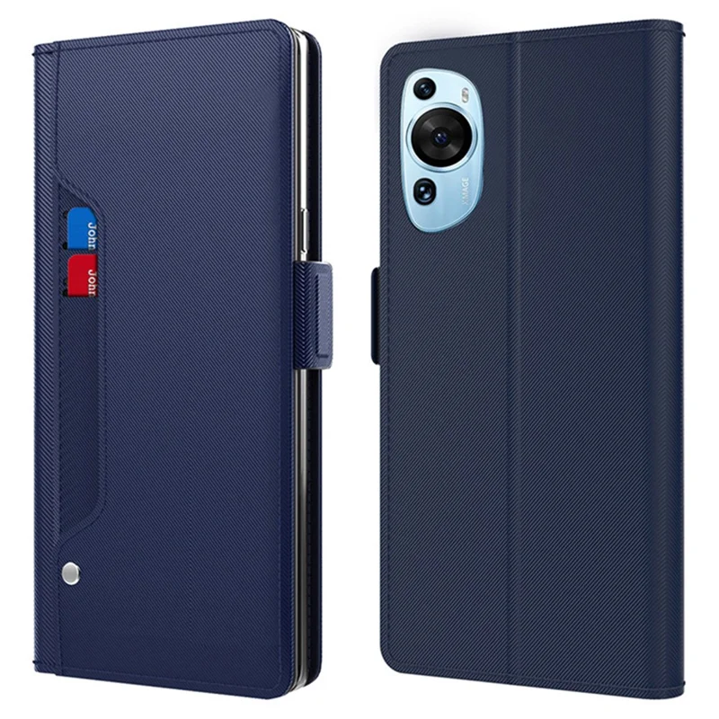 For Huawei P60 Art Makeup Mirror Leather Cell Phone Case Card Holder Cell Phone Stand Cover - Blue