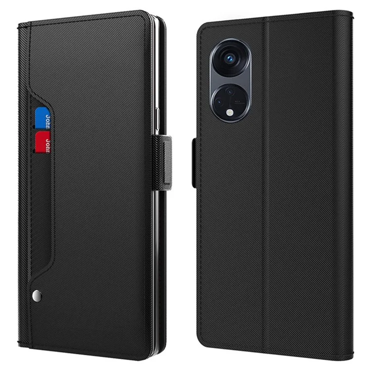 PU-Leder + TPU-Handyhülle für Oppo Reno8 T 5G / A1 Pro 5G, Handyhülle mit Spiegelkartenhalter und Ständer - Schwarz