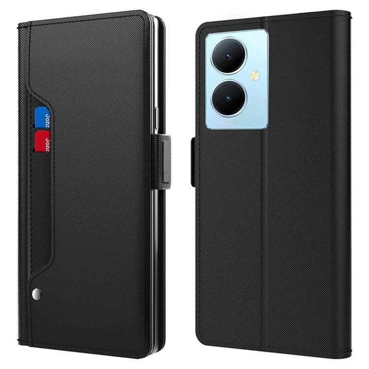Für vivo Y78+ 5G Kartenfach Telefonständer Schutzhülle Stoßfest PU-Leder Handy-Hülle mit Spiegeldesign für Make-up - Schwarz