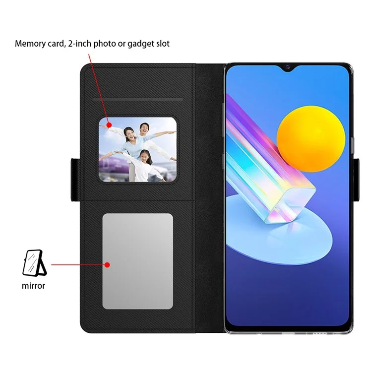 Für vivo Y78+ 5G Kartenfach Telefonständer Schutzhülle Stoßfest PU-Leder Handy-Hülle mit Spiegeldesign für Make-up - Schwarz