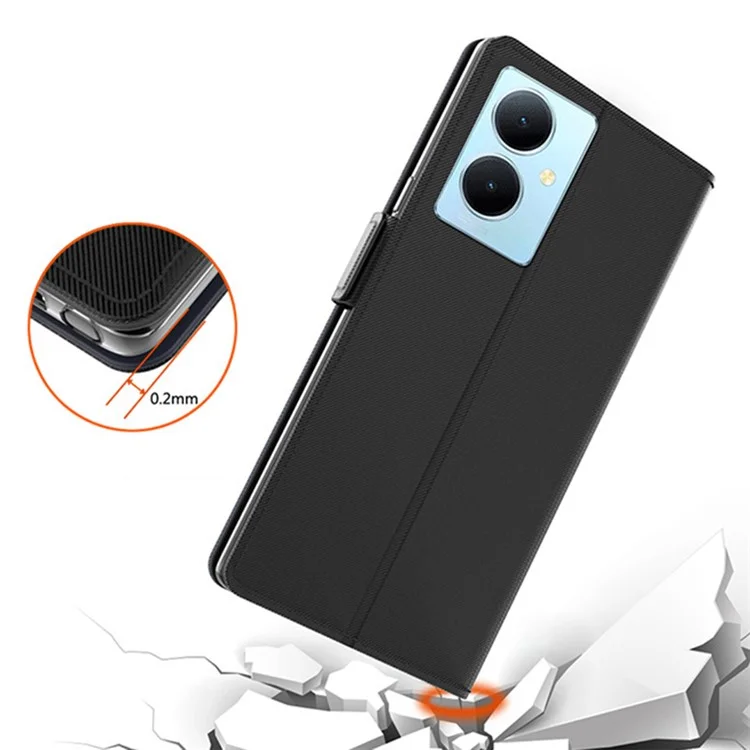Für vivo Y78+ 5G Kartenfach Telefonständer Schutzhülle Stoßfest PU-Leder Handy-Hülle mit Spiegeldesign für Make-up - Schwarz