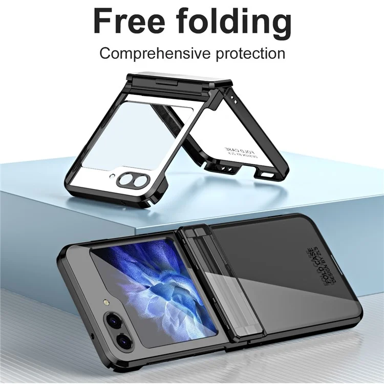 Pour Samsung Galaxy Z Flip5 5G Coque de protection en PC dur antichoc Électroplaquage Étui de protection du téléphone avec film de verre intégré - Noir