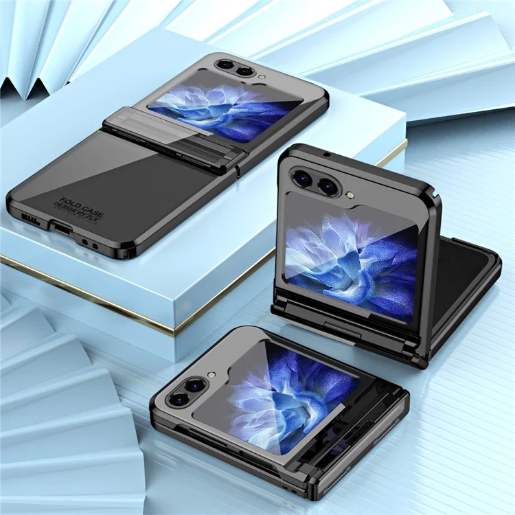 Pour Samsung Galaxy Z Flip5 5G Coque de protection en PC dur antichoc Électroplaquage Étui de protection du téléphone avec film de verre intégré - Noir
