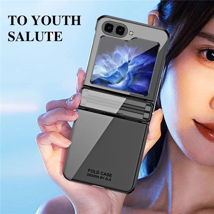 Pour Samsung Galaxy Z Flip5 5G Coque de protection en PC dur antichoc Électroplaquage Étui de protection du téléphone avec film de verre intégré - Noir