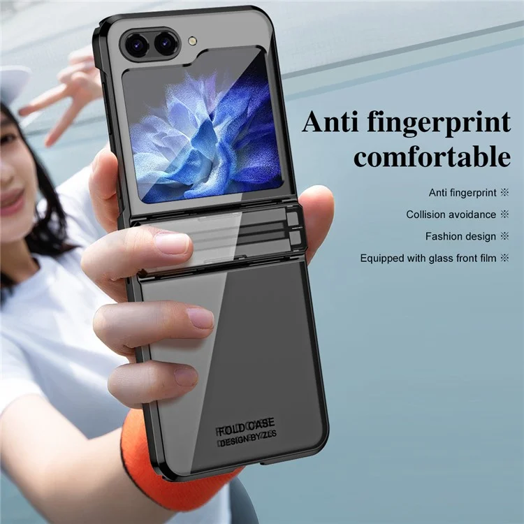 Pour Samsung Galaxy Z Flip5 5G Coque de protection en PC dur antichoc Électroplaquage Étui de protection du téléphone avec film de verre intégré - Noir