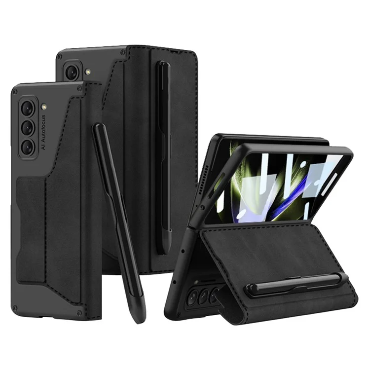 GKK für Samsung Galaxy Z Fold5 5G PU-Leder-Ständer-Abdeckung Stiftschlitz-Design Kartensteckplatz Handyhülle mit gehärtetem Glas-Film - Schwarz