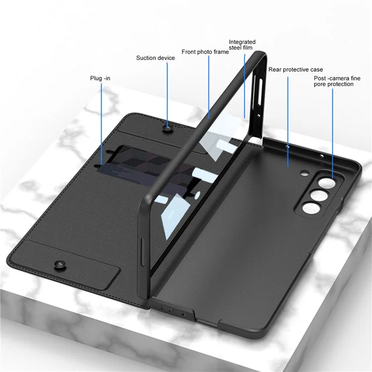 GKK für Samsung Galaxy Z Fold5 5G PU-Leder-Ständer-Abdeckung Stiftschlitz-Design Kartensteckplatz Handyhülle mit gehärtetem Glas-Film - Schwarz