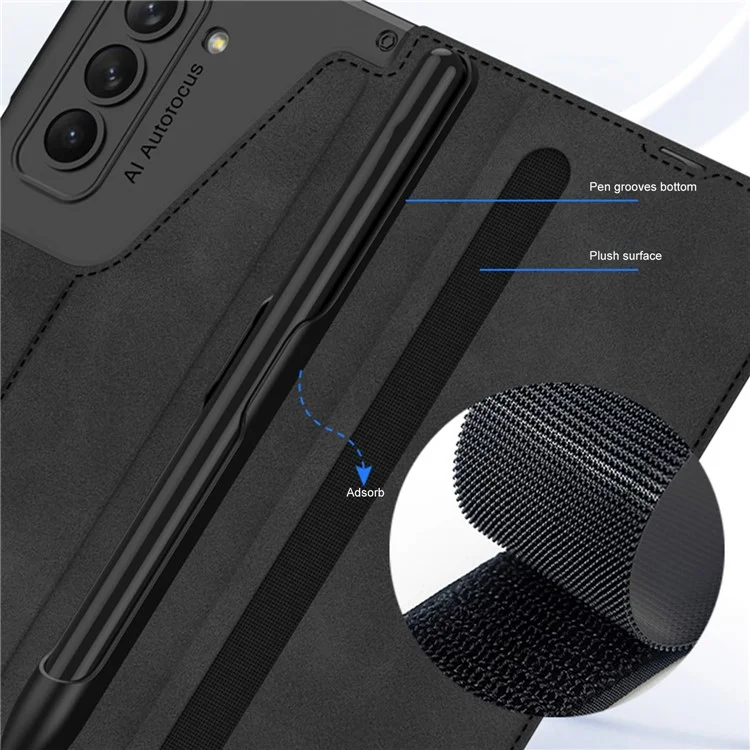 GKK für Samsung Galaxy Z Fold5 5G PU-Leder-Ständer-Abdeckung Stiftschlitz-Design Kartensteckplatz Handyhülle mit gehärtetem Glas-Film - Schwarz