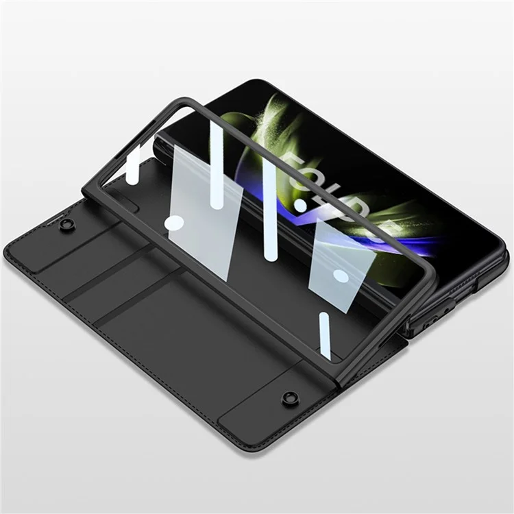 GKK für Samsung Galaxy Z Fold5 5G PU-Leder-Ständer-Abdeckung Stiftschlitz-Design Kartensteckplatz Handyhülle mit gehärtetem Glas-Film - Schwarz