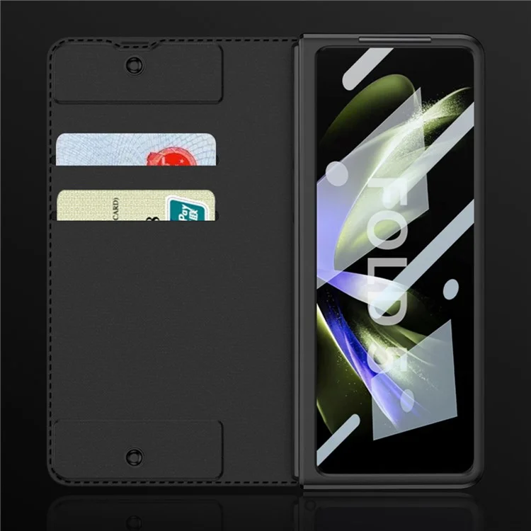 GKK für Samsung Galaxy Z Fold5 5G PU-Leder-Ständer-Abdeckung Stiftschlitz-Design Kartensteckplatz Handyhülle mit gehärtetem Glas-Film - Schwarz