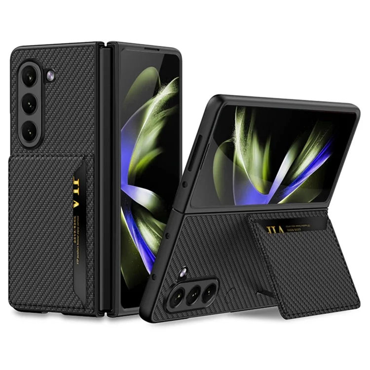 GKK para Samsung Galaxy Z Fold5 5G Funda de teléfono de PC + PU Leather Card Holder Kickstand Ultra-Thin Cover - Textura de fibra de carbono