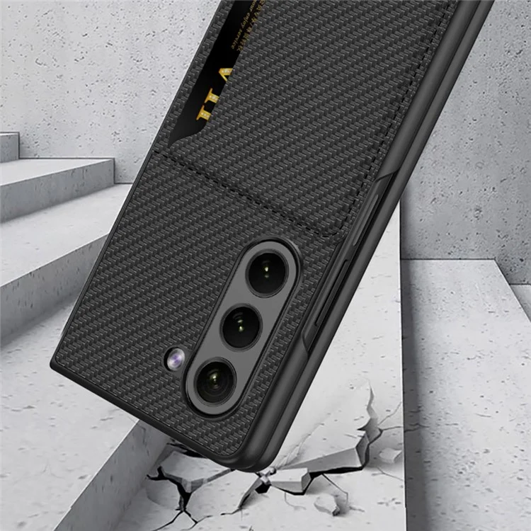 GKK para Samsung Galaxy Z Fold5 5G Funda de teléfono de PC + PU Leather Card Holder Kickstand Ultra-Thin Cover - Textura de fibra de carbono