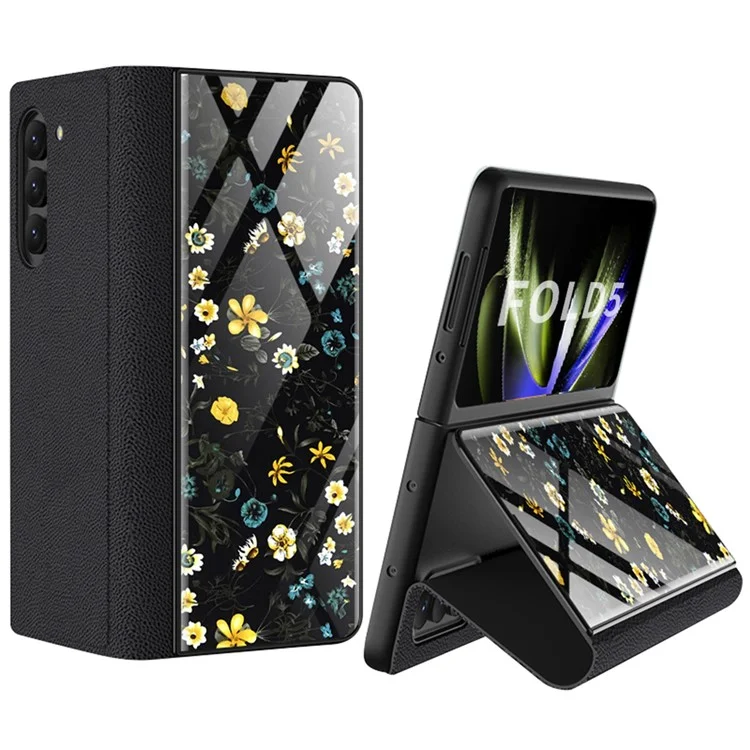 GKK For Samsung Galaxy Z Fold5 5G Flower Pattern Phone Case Card Holder PU Leather+PC+Tempered Glass Cover - Flower Pattern 06