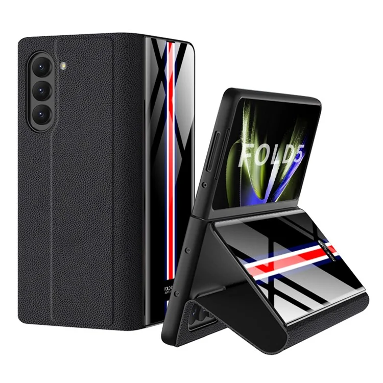 GKK para Samsung Galaxy Z Fold5 5G Ranuras para tarjetas Estuche plegable de teléfono Carcasa de piel PU + PC + Vidrio templado - Negro + Rayas