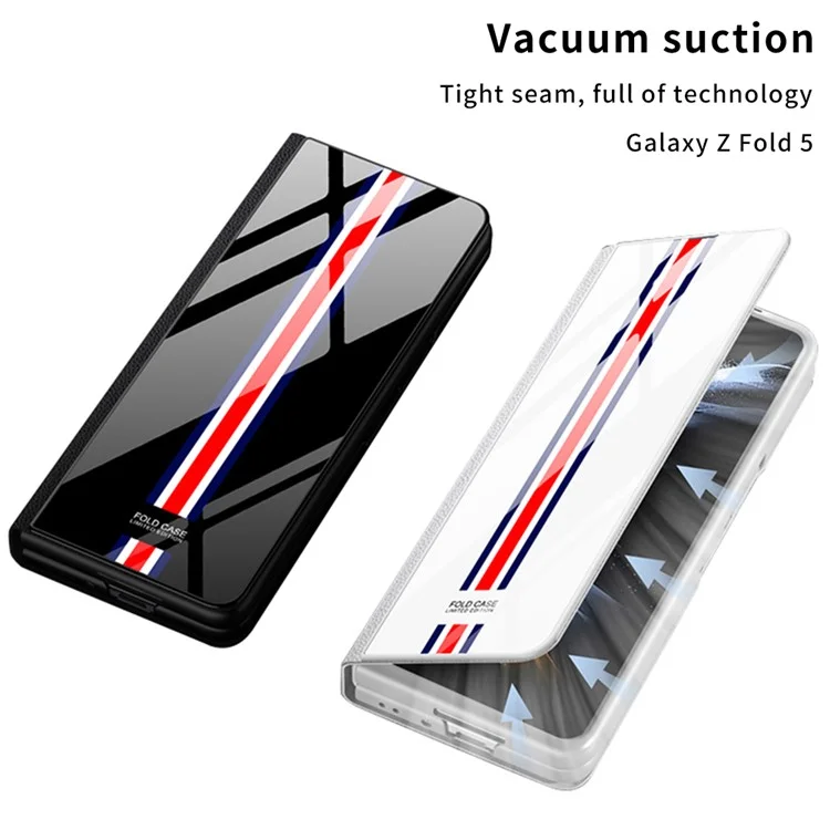 GKK para Samsung Galaxy Z Fold5 5G Ranuras para tarjetas Estuche plegable de teléfono Carcasa de piel PU + PC + Vidrio templado - Negro + Rayas