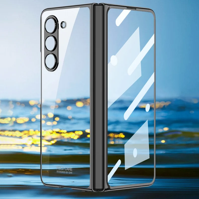 GKK For Samsung Galaxy Z Fold5 5G Electroplated Clear Cover PC Folding Phone Case with Tempered Glass Film - Black