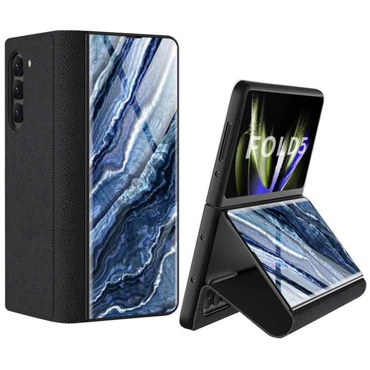 GKK For Samsung Galaxy Z Fold5 5G Funda de teléfono con Patrón de Mármol Funda de Cuero PU+Vidrio Templado+PC Anti-caída (sin Protector de Pantalla) - Mármol 01