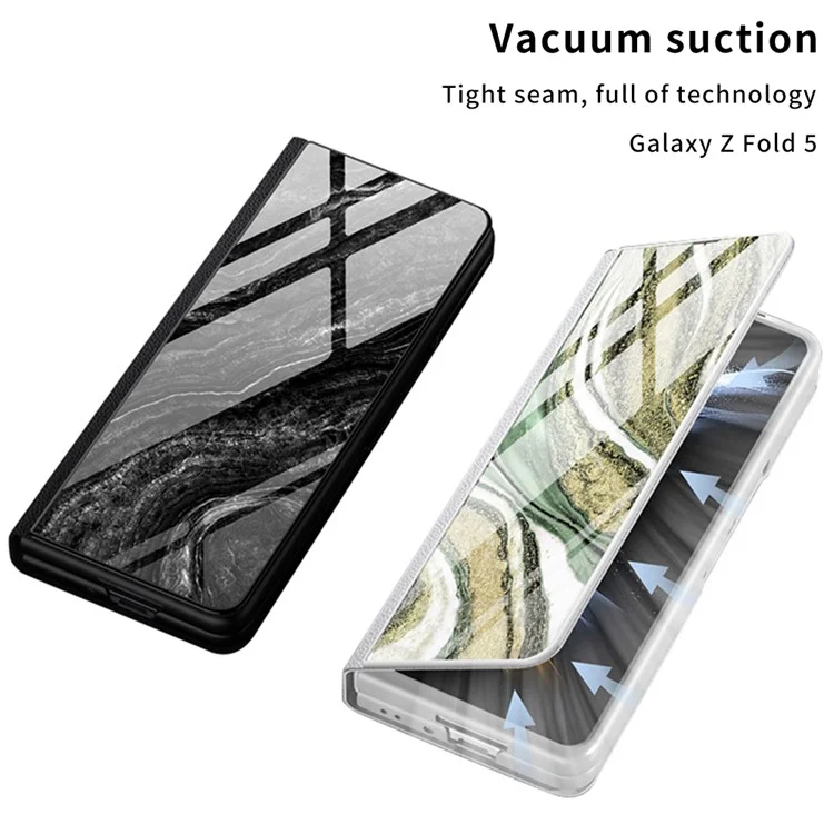 GKK For Samsung Galaxy Z Fold5 5G Funda de teléfono con Patrón de Mármol Funda de Cuero PU+Vidrio Templado+PC Anti-caída (sin Protector de Pantalla) - Mármol 01