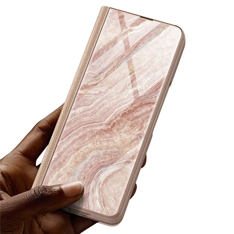 GKK For Samsung Galaxy Z Fold5 5G Funda de teléfono con Patrón de Mármol Funda de Cuero PU+Vidrio Templado+PC Anti-caída (sin Protector de Pantalla) - Mármol 01
