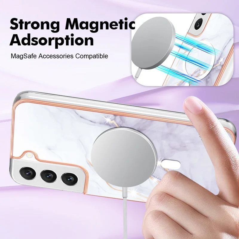 YB seria IMD-19 dla Samsung Galaxy S22 5G magnetyczna obudowa telefoniczna z wzorem IMD pokryta powłoką metalizowaną, pokrowiec TPU 2,0 mm – biały