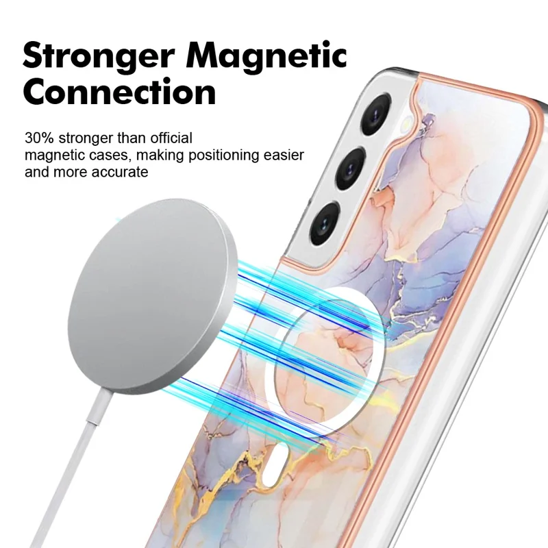 YB IMD Series-19 for Samsung Galaxy S22 5G Magnetic IMD Pattern Phone Case Electroplated 2.0mm TPU Cover - Marble White