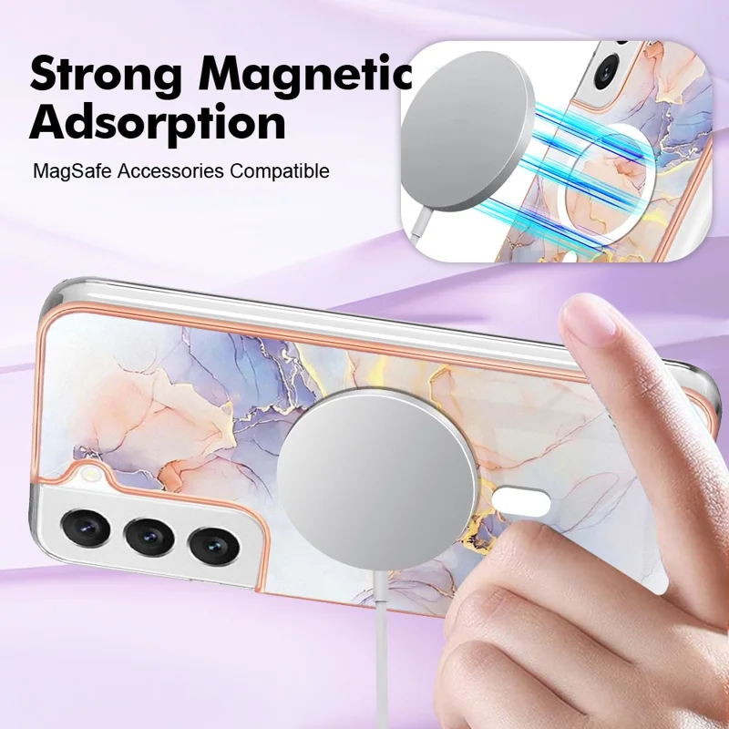 YB IMD Series-19 for Samsung Galaxy S22 5G Magnetic IMD Pattern Phone Case Electroplated 2.0mm TPU Cover - Marble White