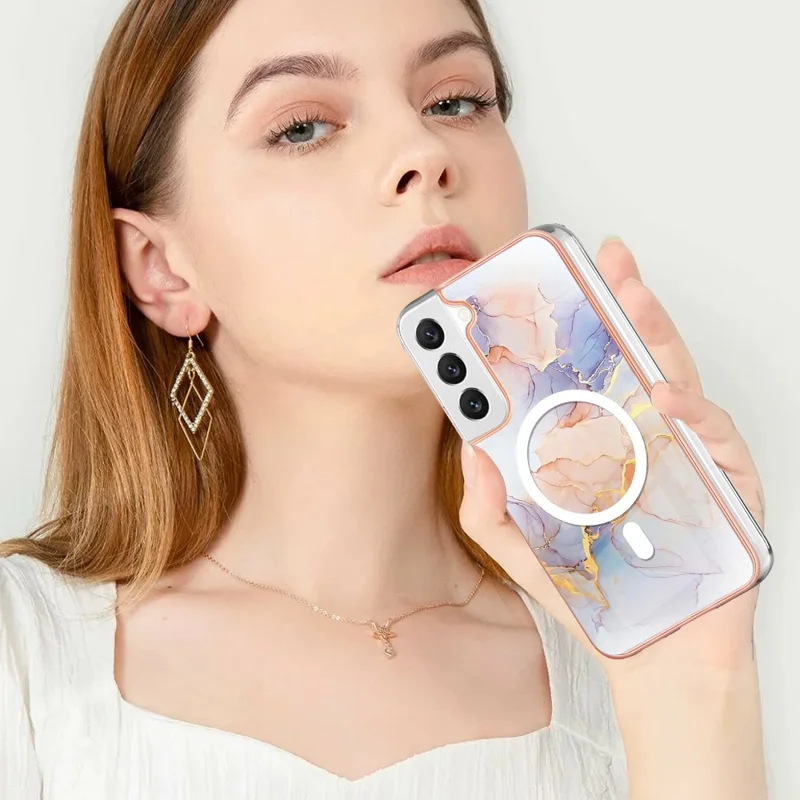 YB IMD Series-19 for Samsung Galaxy S22 5G Magnetic IMD Pattern Phone Case Electroplated 2.0mm TPU Cover - Marble White