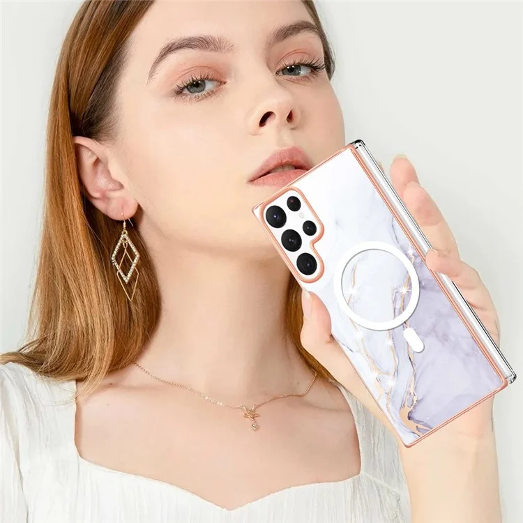 YB IMD Series-19 for Samsung Galaxy S22 Ultra 5G Magnetic Electroplated IMD Phone Case 2.0mm TPU Back Cover - White