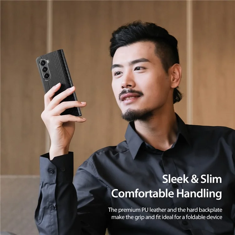 DUX DUCIS Bril-Series Para Samsung Galaxy Z Fold5 5G Funda de teléfono de piel sintética con soporte y ranura para tarjetas - Negro