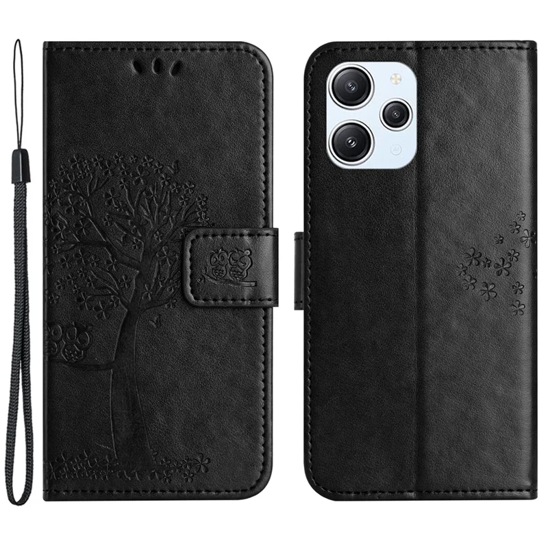 For Xiaomi Redmi 12 4G Owl Tree Imprinted Wallet Case PU Leather Stand Phone Cover - Black