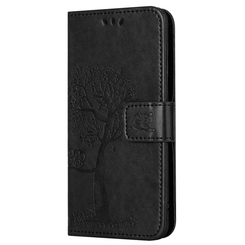 For Xiaomi Redmi 12 4G Owl Tree Imprinted Wallet Case PU Leather Stand Phone Cover - Black