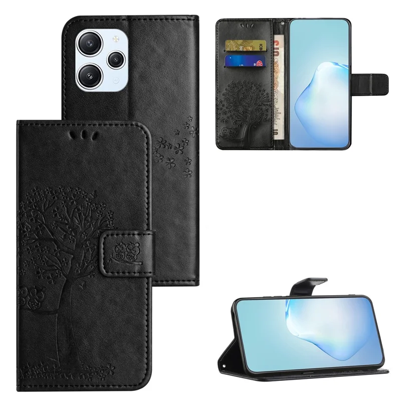 For Xiaomi Redmi 12 4G Owl Tree Imprinted Wallet Case PU Leather Stand Phone Cover - Black