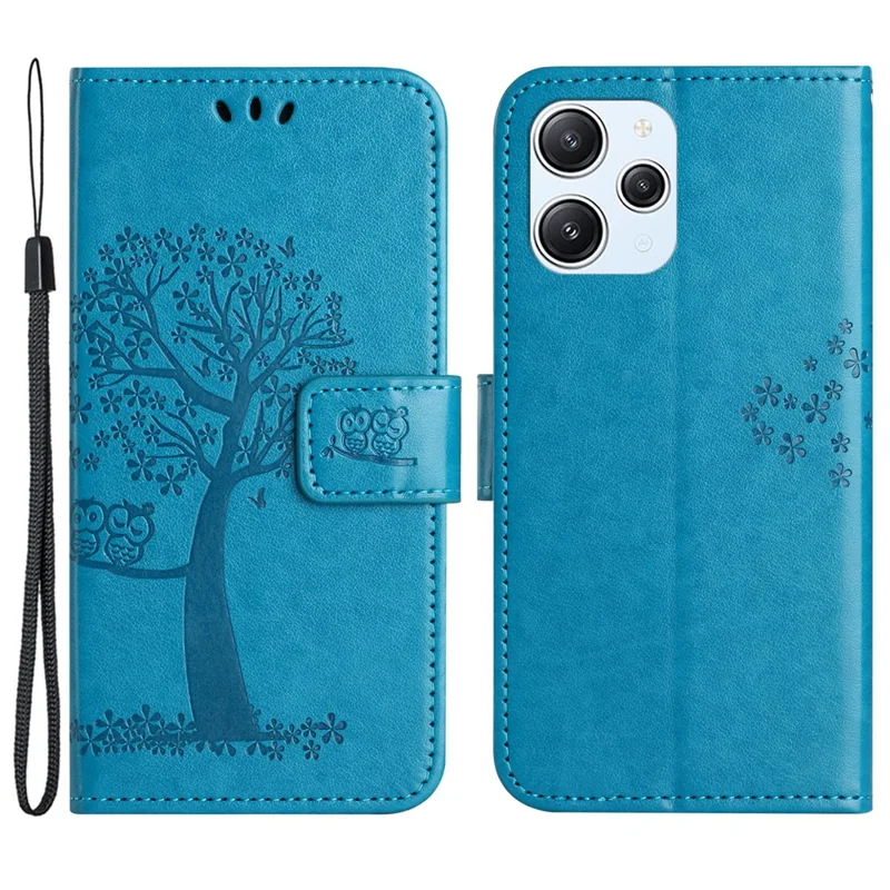 Til Xiaomi Redmi 12 4G Owl Tree Printet Wallet Case PU Læder Stående Telefonbeskyttelse - Blå