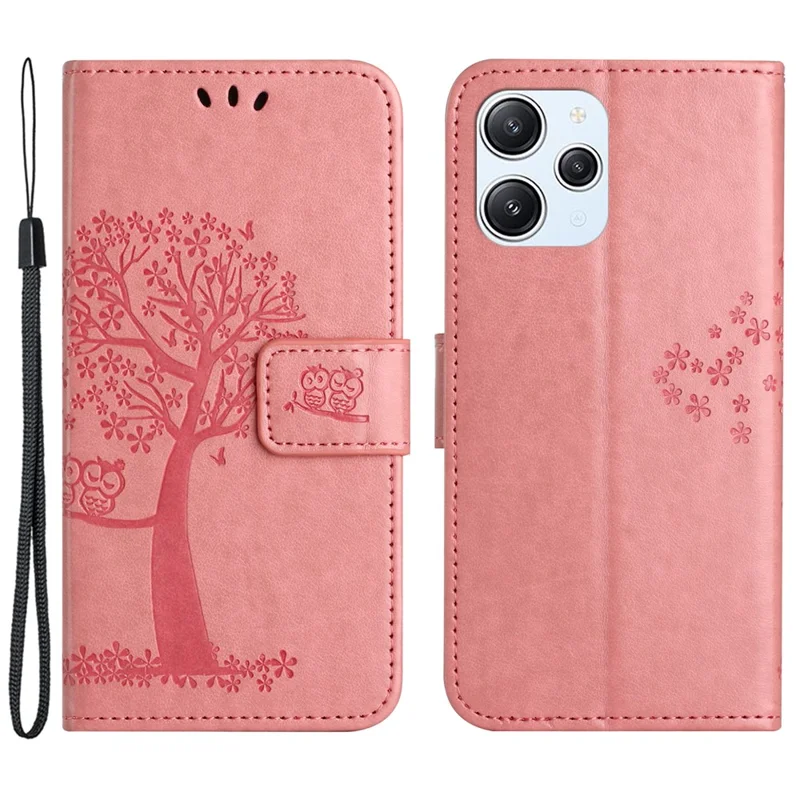 Per Xiaomi Redmi 12 4G Custodia Portafoglio Stampata con Gufo e Albero in Pelle PU con Supporto - Rosa
