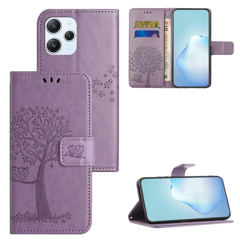 For Xiaomi Redmi 12 4G Owl Tree Imprinted Wallet Case PU Leather Stand Phone Cover - Purple