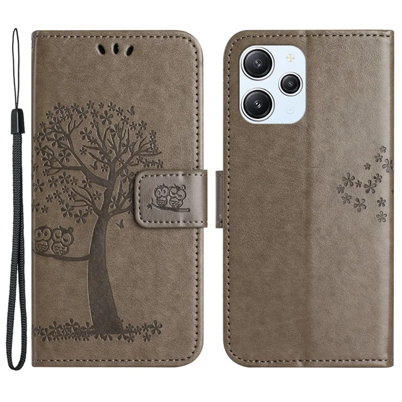 For Xiaomi Redmi 12 4G Owl Tree Imprinted Wallet Case PU Leather Stand Phone Cover - Grey
