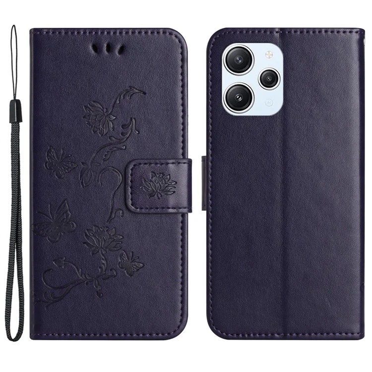 Für Xiaomi Redmi 12 4G Wallet Stand Phone Case Butterfly Flower Imprinted PU Leather Cover - Dunkellila